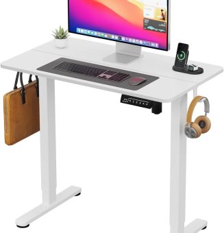 Small Standing Table, 35" ×20" Electric White Standing Desk, Height Adjustable Compact Sit Stand Workstation with Splice Board, Home Office Desk with 2 Hooks
